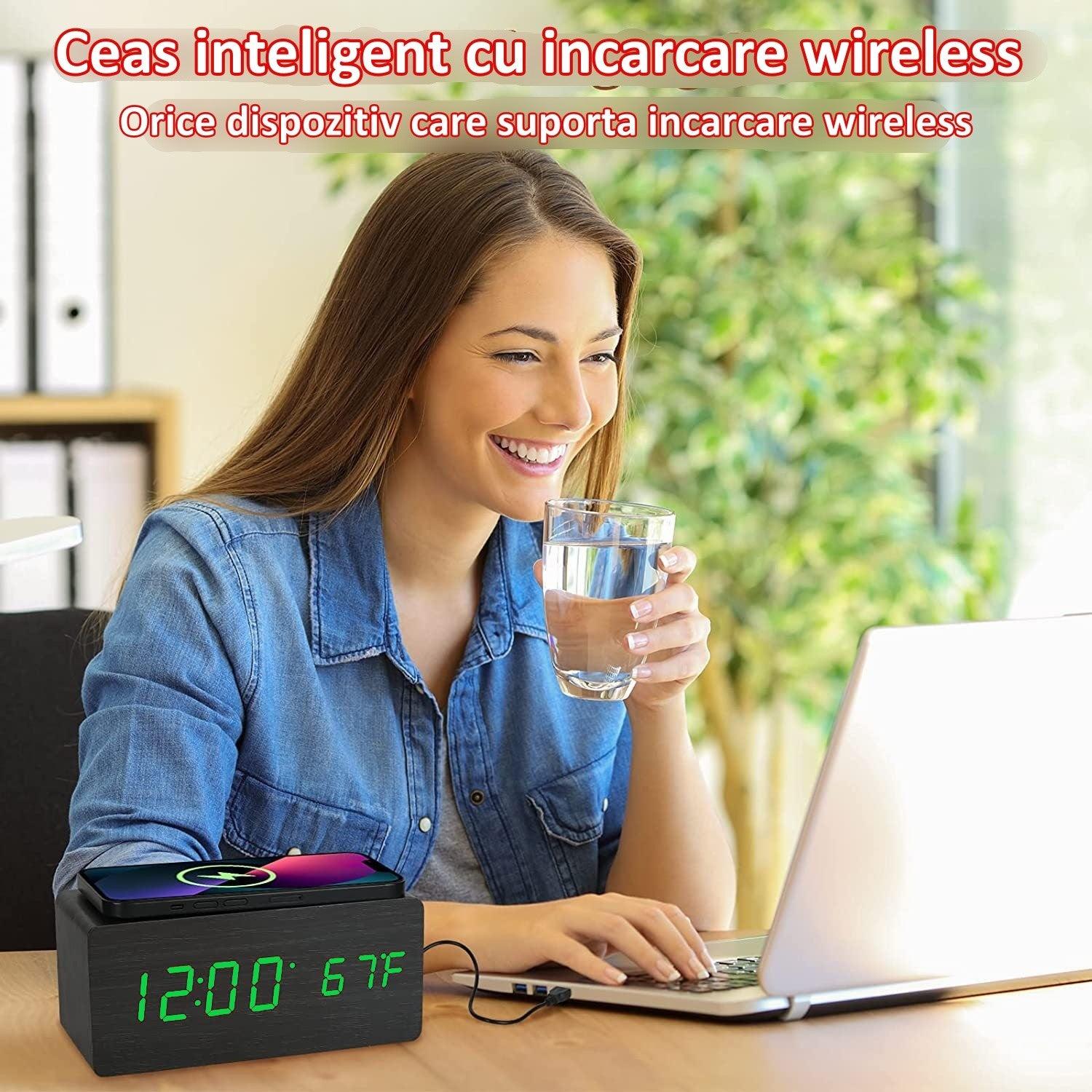 Ceas Digital de Birou cu Incarcare Wireless, Led Verde, Temperatura, Alarma, Comanda Vocala, 3 Trepte de Lumina, 170x81x71 mm, Negru - Ceasuri Moderne