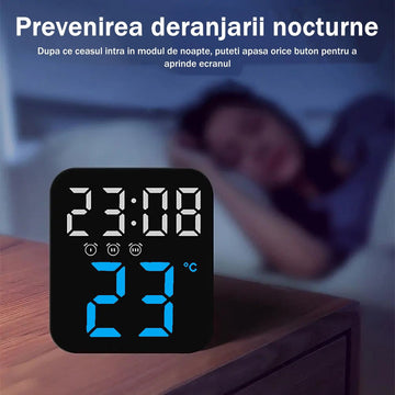 Ceas Digital de Masa cu Lumina Led Albastru, 3 Alarme, Calendar, Temperatura, Functie Snooze, 2 Trepte de Intensitate, Mod de Noapte - Frize