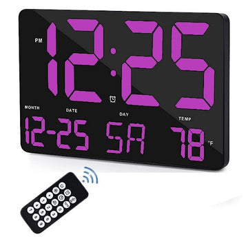 Ceas Digital de Masa si de Perete cu Lumina Led Mov, Calendar, Temperatura, Alarma, Termometru, Functie Snooze, Luminozitate Adjustabila, 25x16cm - Frize