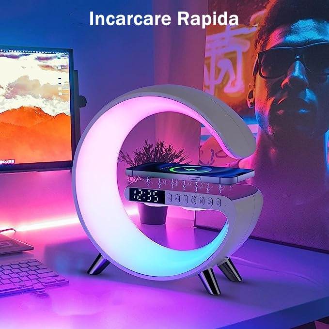 Ceas Digital cu Incarcare Wireless, Boxa Bluetooth, Control din Aplicatie, RGB, Functie de Apel, Luminozitate Reglabila, Alarma, Ecran LED, Alb - Frize