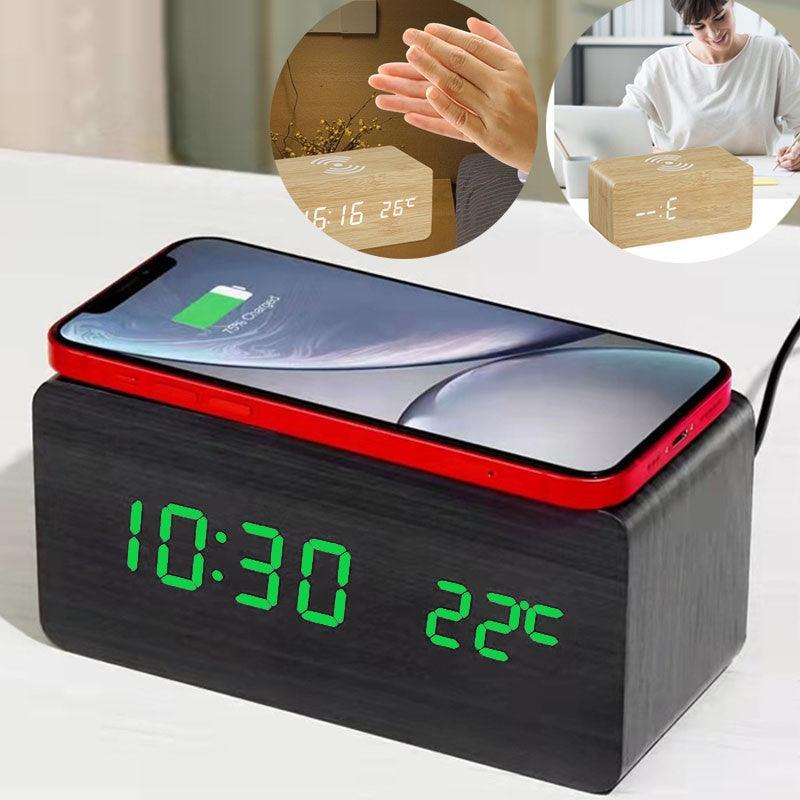 Ceas Digital de Birou cu Incarcare Wireless, Led Verde, Temperatura, Alarma, Comanda Vocala, 3 Trepte de Lumina, 170x81x71 mm, Negru - Ceasuri Moderne