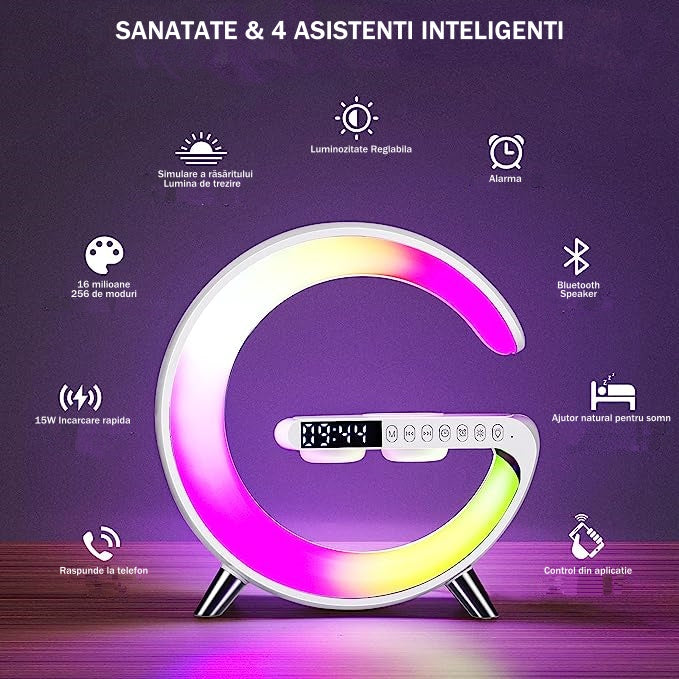 Ceas Digital cu Incarcare Wireless, Boxa Bluetooth, Control din Aplicatie, RGB, Functie de Apel, Luminozitate Reglabila, Alarma, Ecran LED, Alb - Frize