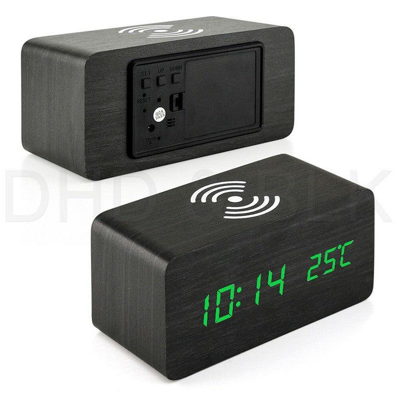 Ceas Digital de Birou cu Incarcare Wireless, 3 Variante de Culori, Temperatura, Alarma, Comanda Vocala, 3 Trepte de Lumina, 170x81x71 mm, Negru - Ceasuri Moderne