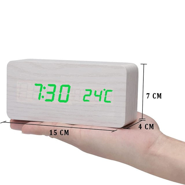Ceas Electronic de Masa cu Led Verde, Termometru, Alarma, Control Vocal, 3 Trepte de Lumina, 15x7x4 cm, Adaptor Inclus, Alb - Frize