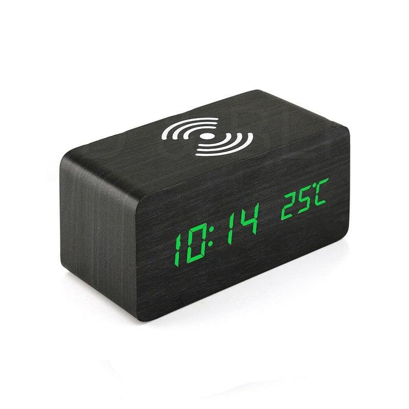 Ceas Digital de Birou cu Incarcare Wireless, 3 Variante de Culori, Temperatura, Alarma, Comanda Vocala, 3 Trepte de Lumina, 170x81x71 mm, Negru - Ceasuri Moderne