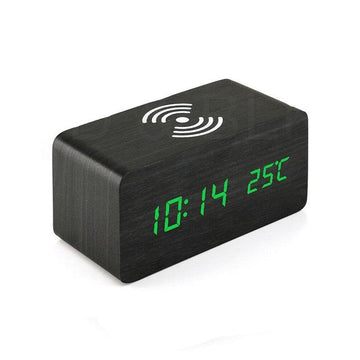 Ceas Digital de Birou cu Incarcare Wireless, 3 Variante de Culori, Temperatura, Alarma, Comanda Vocala, 3 Trepte de Lumina, 170x81x71 mm, Negru - Ceasuri Moderne