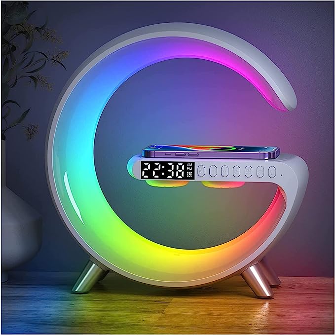 Ceas Digital cu Incarcare Wireless, Boxa Bluetooth, Control din Aplicatie, RGB, Functie de Apel, Luminozitate Reglabila, Alarma, Ecran LED, Alb - Frize