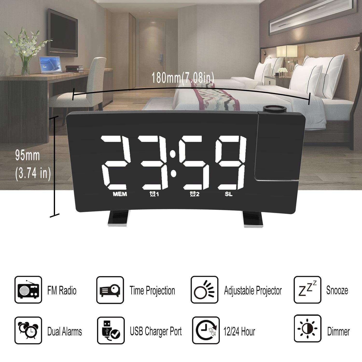 Ceas Digital cu Radio si Proiectie Pana la 5M Inaltime Alb, Rotire la 180°, Alarma, Port Incarcare USB, Temperatura, Ecran LED, 2 Niveluri de Luminozitate, Negru - Ceasuri Moderne