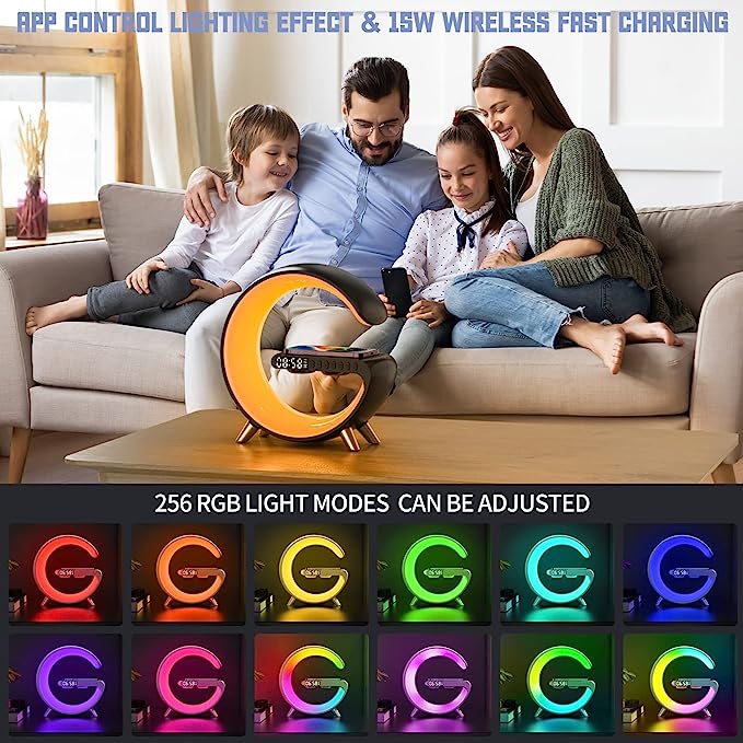 Ceas Digital cu Incarcare Wireless, Boxa Bluetooth, Control din Aplicatie, RGB, Functie de Apel, Luminozitate Reglabila, Alarma, Ecran LED, Alb - Frize