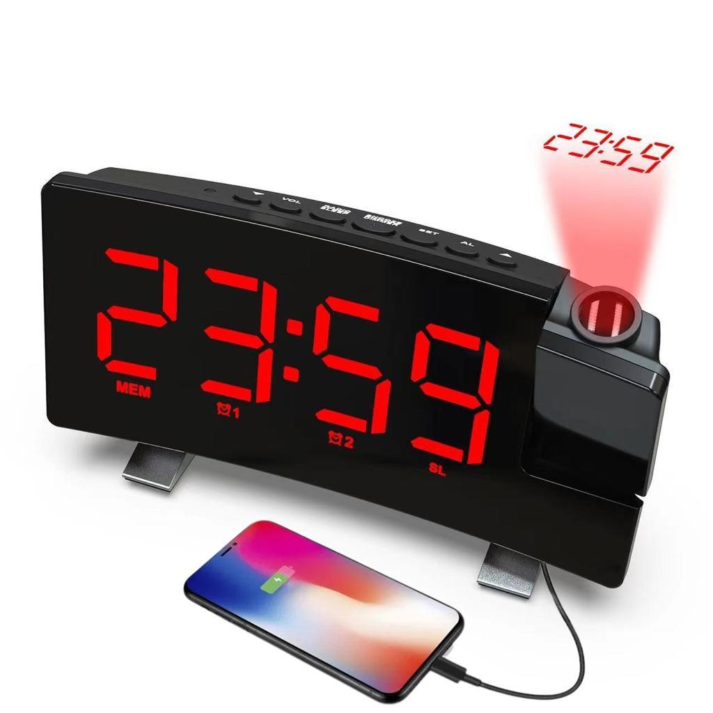 Ceas Digital cu Radio si Proiectie Pana la 5M Inaltime Alb, Rotire la 180°, Alarma, Port Incarcare USB, Temperatura, Ecran LED, 2 Niveluri de Luminozitate, Negru - Ceasuri Moderne