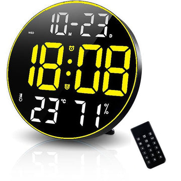 Ceas Digital de Masa si de Perete Rotund cu Lumina Led Galben, Calendar, Temperatura, 2 Alarme, Termometru, Functie Snooze, 5 Trepte de Intensitate, Telecomanda, Afisare Umiditate, 30cm - Frize
