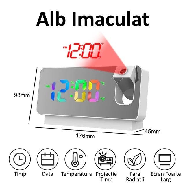 Ceas Digital cu Led RGB si Proiectie Pana la 5M Inaltime, Rotire la 180°, Alarma, Temperatura, Ecran LED, 2 Niveluri de Luminozitate, Alb - Ceasuri Moderne