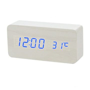 Ceas Electronic de Masa cu Led Albastru, Termometru, Alarma, Control Vocal, 3 Trepte de Lumina, 15x7x4 cm, Adaptor Inclus, Alb - Frize