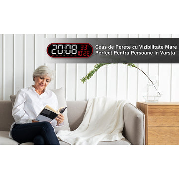 Ceas Digital de Masa si de Perete Oval cu Lumina Led Rosu, Calendar, Cronometru, Temperatura, 2 Alarme, Termometru, Functie Snooze, 5 Trepte de Intensitate, Telecomanda, Afisare Umiditate, 38cm - Frize