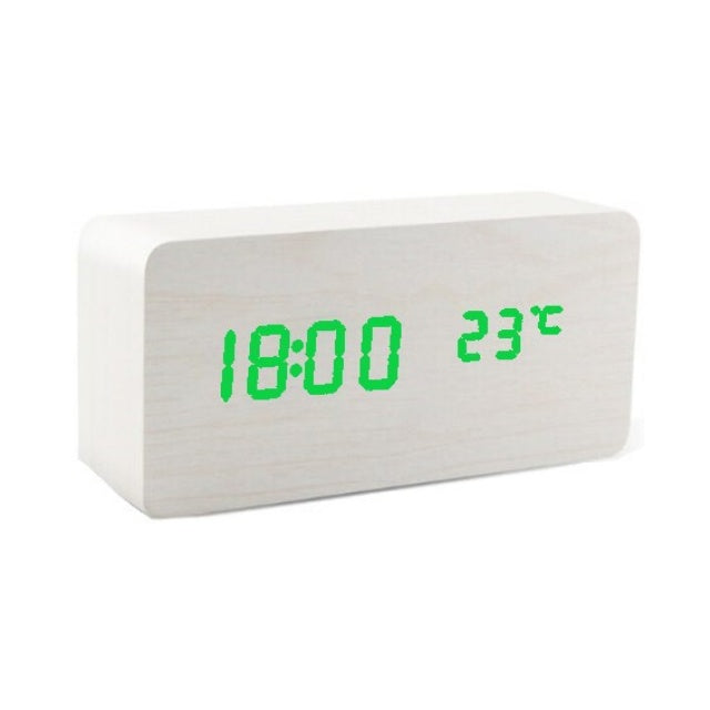 Ceas Electronic de Masa cu Led Verde, Termometru, Alarma, Control Vocal, 3 Trepte de Lumina, 15x7x4 cm, Adaptor Inclus, Alb - Frize