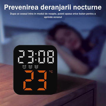 Ceas Digital de Masa cu Lumina Led Portocaliu, 3 Alarme, Calendar, Temperatura, Functie Snooze, 2 Trepte de Intensitate, Mod de Noapte - Frize