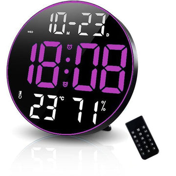 Ceas Digital de Masa si de Perete cu Lumina Led Mov, Calendar, Temperatura, 2 Alarme, Termometru, Functie Snooze, 5 Trepte de Intensitate, Telecomanda, Afisare Umiditate, 30cm - Frize