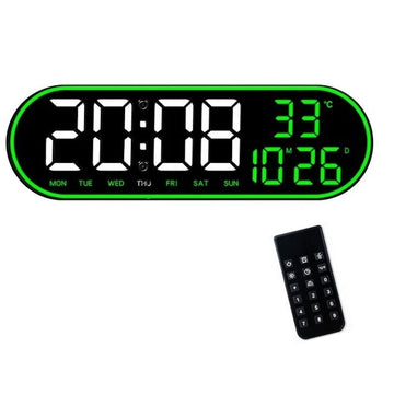 Ceas Digital de Masa si de Perete Oval cu Lumina Led Verde, Calendar, Cronometru, Temperatura, 2 Alarme, Termometru, Functie Snooze, 5 Trepte de Intensitate, Telecomanda, Afisare Umiditate, 38cm - Frize