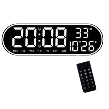 Ceas Digital de Masa si de Perete Oval cu Lumina Led Alb, Calendar, Cronometru, Temperatura, 2 Alarme, Termometru, Functie Snooze, 5 Trepte de Intensitate, Telecomanda, Afisare Umiditate, 38cm - Frize