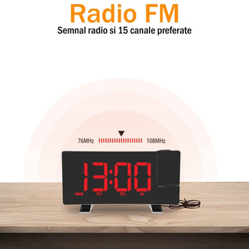 Ceas Digital cu Radio si Proiectie Pana la 5M Inaltime Rosu, Rotire la 180°, Alarma, Port Incarcare USB, Temperatura, Ecran LED, 2 Niveluri de Luminozitate, Negru - Ceasuri Moderne