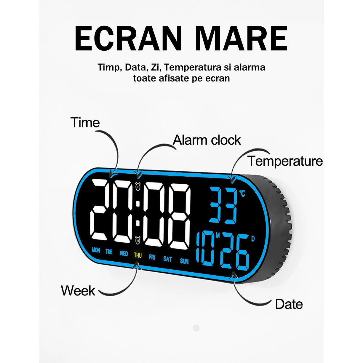 Ceas Digital de Masa si de Perete Oval cu Lumina Led Albastru, Calendar, Cronometru, Temperatura, 2 Alarme, Termometru, Functie Snooze, 5 Trepte de Intensitate, Telecomanda, Afisare Umiditate, 38cm - Frize