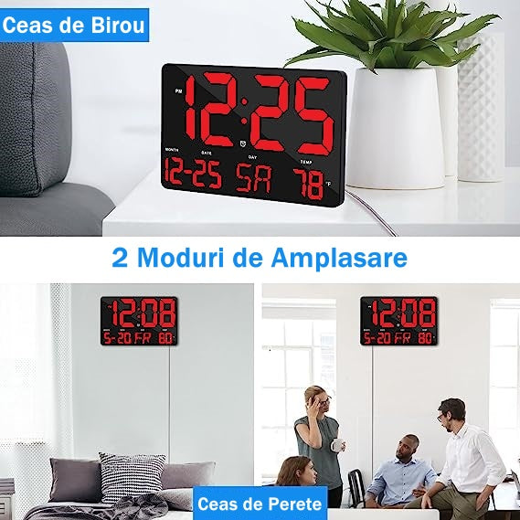 Ceas Digital de Masa si de Perete cu Lumina Led Rosu, Calendar, Temperatura, Alarma, Termometru, Functie Snooze, Luminozitate Adjustabila, 25x16cm - Frize