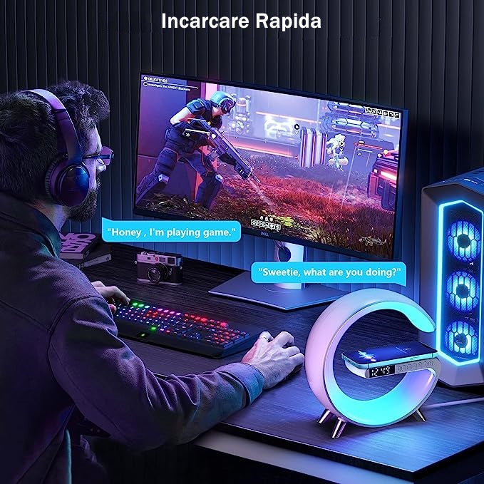 Ceas Digital cu Incarcare Wireless, Boxa Bluetooth, Control din Aplicatie, RGB, Functie de Apel, Luminozitate Reglabila, Alarma, Ecran LED, Alb - Frize