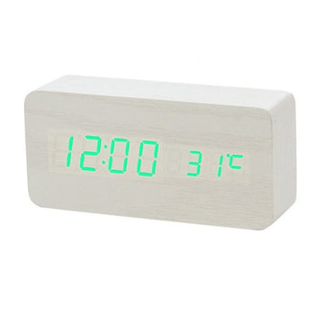 Ceas Electronic de Masa cu Led Verde, Termometru, Alarma, Control Vocal, 3 Trepte de Lumina, 15x7x4 cm, Adaptor Inclus, Alb - Frize