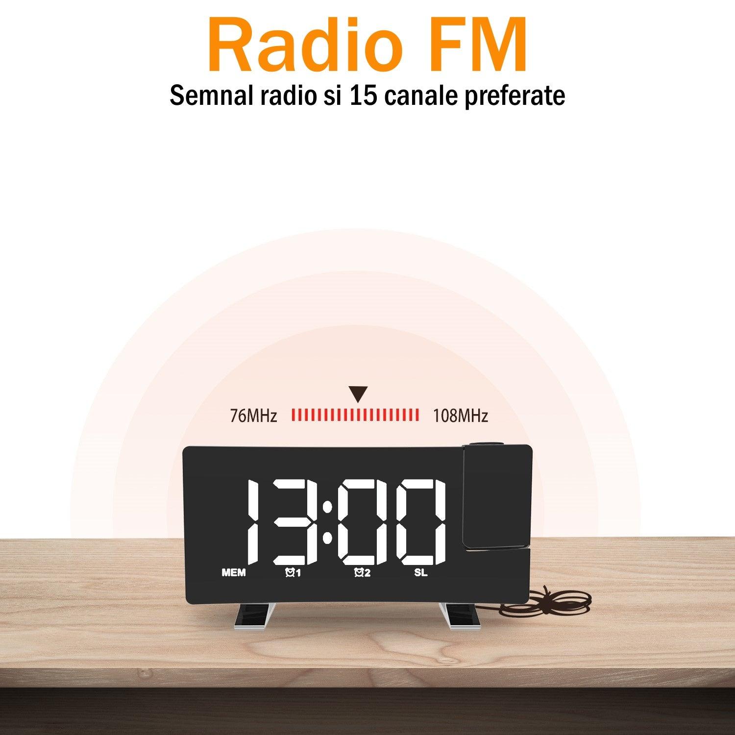 Ceas Digital cu Radio si Proiectie Pana la 5M Inaltime Alb, Rotire la 180°, Alarma, Port Incarcare USB, Temperatura, Ecran LED, 2 Niveluri de Luminozitate, Negru - Ceasuri Moderne