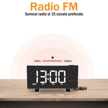 Ceas Digital cu Radio si Proiectie Pana la 5M Inaltime Alb, Rotire la 180°, Alarma, Port Incarcare USB, Temperatura, Ecran LED, 2 Niveluri de Luminozitate, Negru - Ceasuri Moderne