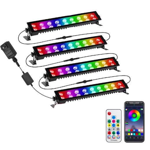 Set 4 Bucati Proiector LED RGB Inteligent, Aplicatie, Interior/Exterior, Rezistent la Apa, Control Din Telefon Prin Internet, Sincronizare Muzica, Telecomanda, Mod Programare Lumini, 36W/buc, Negru