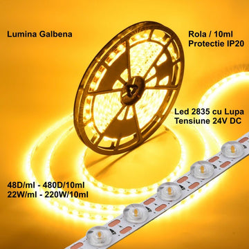 Banda Led 2835 cu Lupa - 24V - 480Led - 220W, IP20 Lumina Galben, Rola/10ml