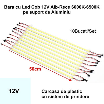 Bara de Led COB 12V Alb Rece 6500K, 50cm x 10buc/set