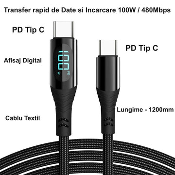 Cablu PD 100W Tip C cu Afișaj Digital 480Mbps – Cablu de Încărcare și Transfer Datan de 1,2m pentru Dispozitive USB-C