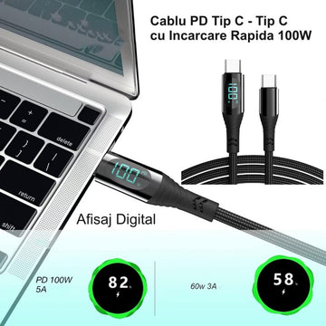 Cablu PD 100W Tip C cu Afișaj Digital 480Mbps – Cablu de Încărcare și Transfer Datan de 1,2m pentru Dispozitive USB-C