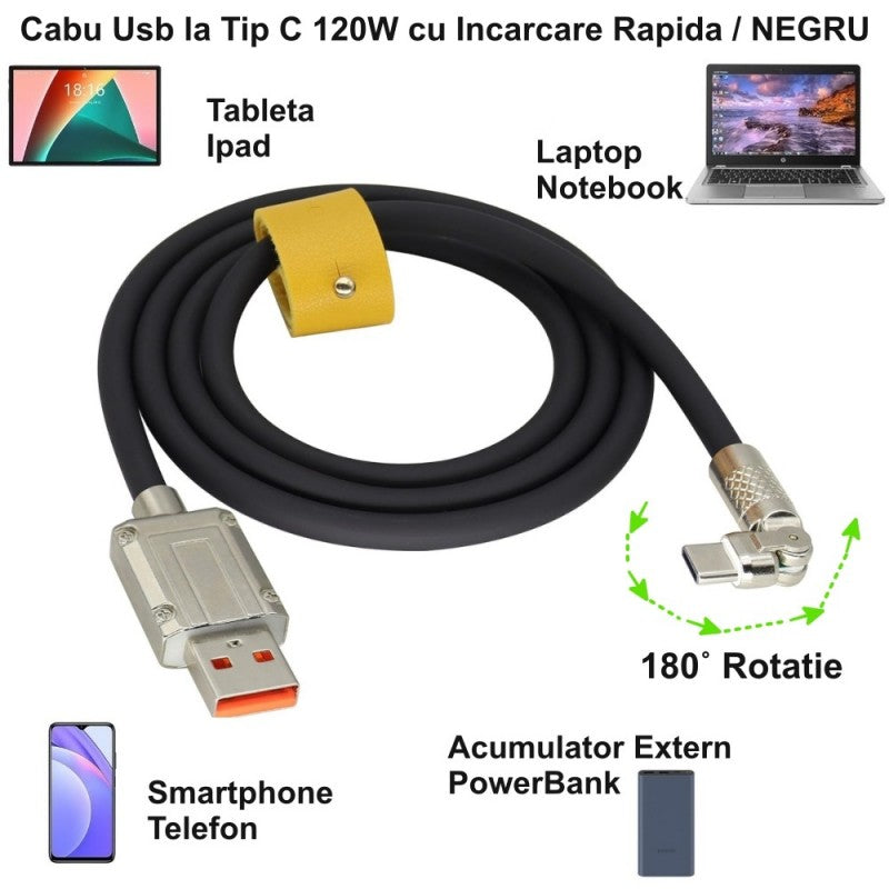 Cablu USB Tip C Super Fast 120W Alb/Negru CA-8833 – Încărcare Rapidă pentru Dispozitive Mobile, Laptopuri și Accesorii