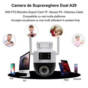 Camera de Supraveghere A29 PTZ 360˚ cu Lentilă Dual View – Monitorizare Avansată V380PRO pentru Siguranța Locuinței și Biroului