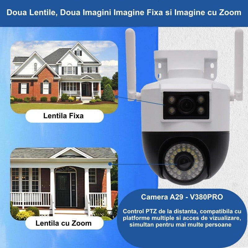 Camera de Supraveghere A29 PTZ 360˚ cu Lentilă Dual View – Monitorizare Avansată V380PRO pentru Siguranța Locuinței și Biroului