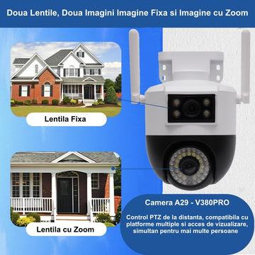 Camera de Supraveghere A29 PTZ 360˚ cu Lentilă Dual View – Monitorizare Avansată V380PRO pentru Siguranța Locuinței și Biroului
