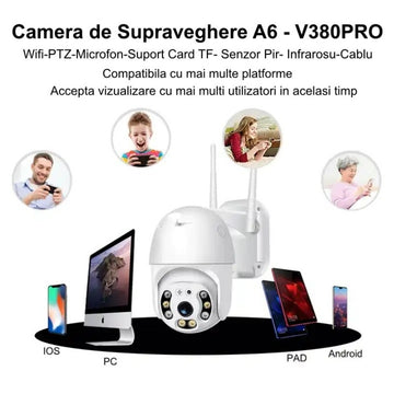 Cameră de Supraveghere A6 cu PTZ 360˚ și Conectivitate IP - V380PRO pentru Monitorizare Securitate Interioară și Exterioară