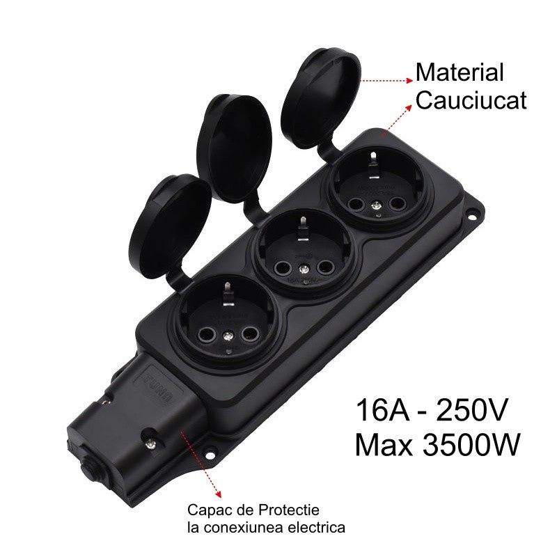 Cap de Prelungitor cu 3 Prize și Capac din Cauciuc – Încărcător 3500W pentru Acasă sau Birou