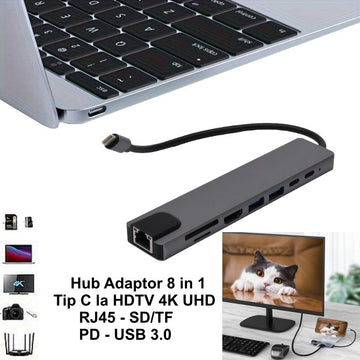 HUB Adaptor 8 în 1 Tip C la HDTV 4K UHD cu Port RJ45, Slot TF/SD și 2 USB 3.0 – Soluție Versatilă pentru Conectivitate Laptop și Dispozitive Mobile