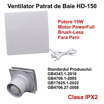 Ventilator Patrat de Baie HD150, 15W, Motor Fără Perii