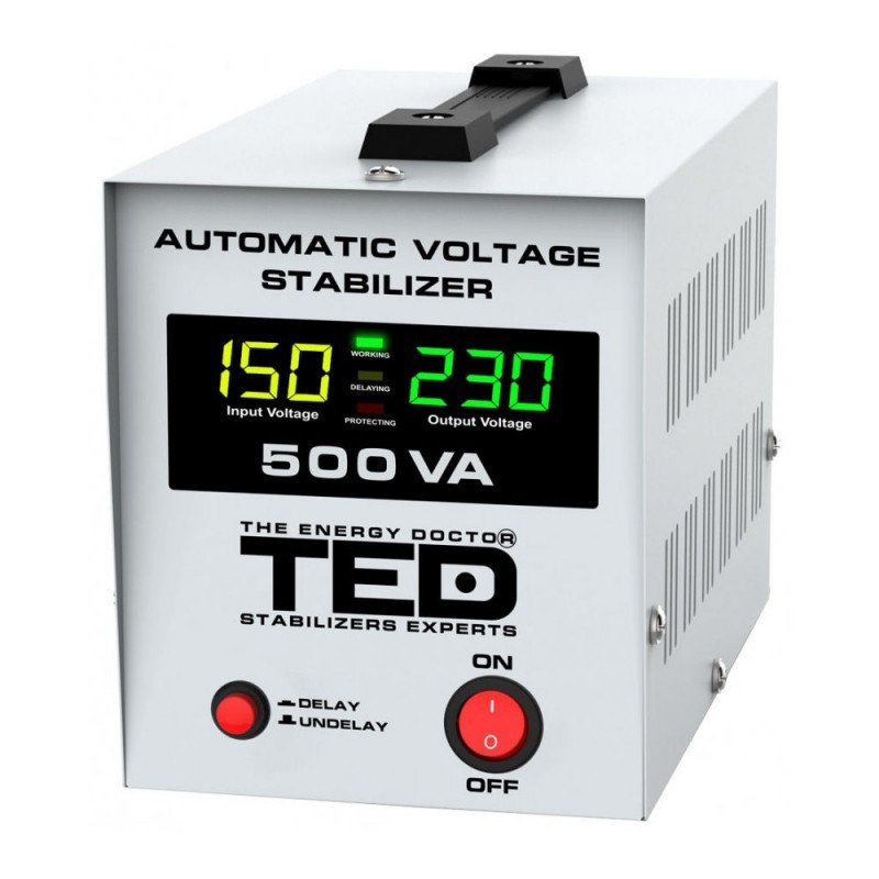Stabilizator Rețea AVR 500VA/300W cu LCD – Dispozitiv cu 1 Ieșire Schuko pentru Protecția Echipamentelor Electrice