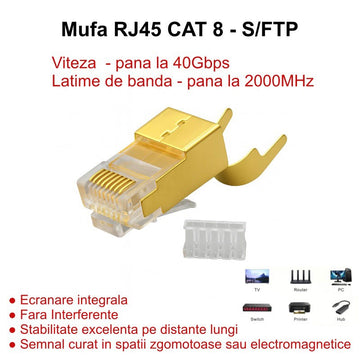 Mufa RJ45 S/FTP CAT 8 Auriu, Ecranare Metalică, 50 Buc/Set