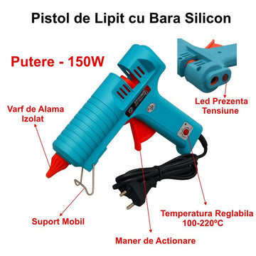 Pistol de Lipit 150W, Temperatură Reglabilă 100-220 Grade, Bară Silicon 11mm