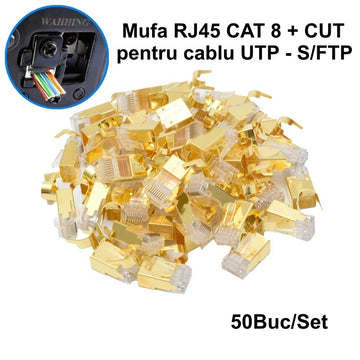 Mufa RJ45 S/FTP CAT 8 Auriu, Ecranare Metalică, 50 Buc/Set