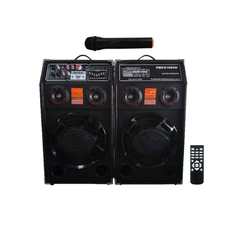 Set 2 Boxe, Profesionale Active Smart Bass 284, 600W, Functie Bluetooth, SD Card, USB, Jocuri de lumini, Amplificator si Egalizator, Microfon Wireless + Telecomanda