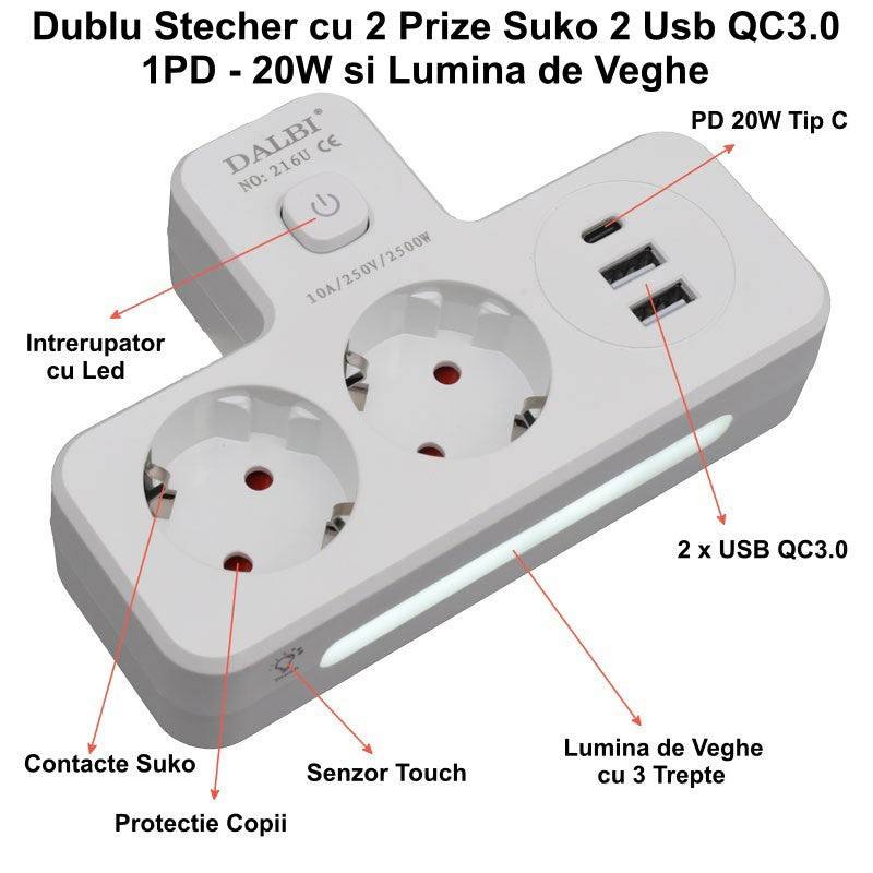 Stecher Dublu Multifuncțional cu 2x USB QC3.0 și 1x PD 20W – Încărcător cu Lumină Veghe pentru Acasă sau Birou