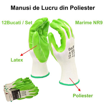 Mănuși de Lucru din Poliester și Latex NR.9 - Set de 12 Bucăți pentru Protecție și Confort în Activități Manuale